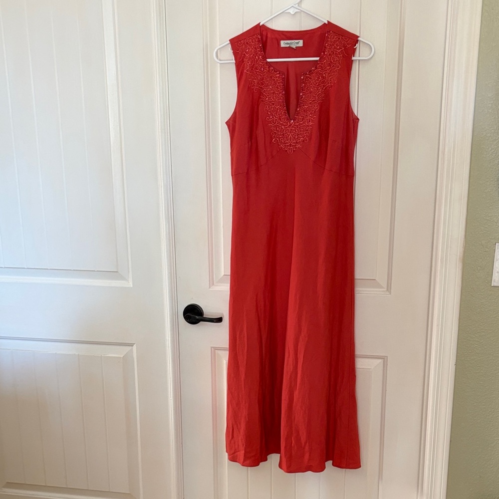 Coldwater Creek Coral Sleeveless V-Neck Embroidered Maxi Dress